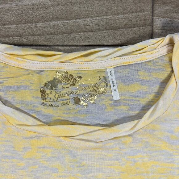 Vintage GUESS Semi-Sheer Burnout Graphic T-Shirt Women's Yellow Medium - Picture 3 of 3